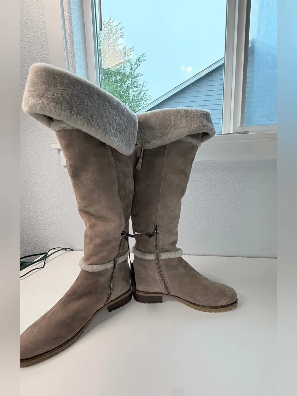 FRYE Tamara Over The Knee Shearling Boots Taupe Suede Fur Lined NWT women size 9